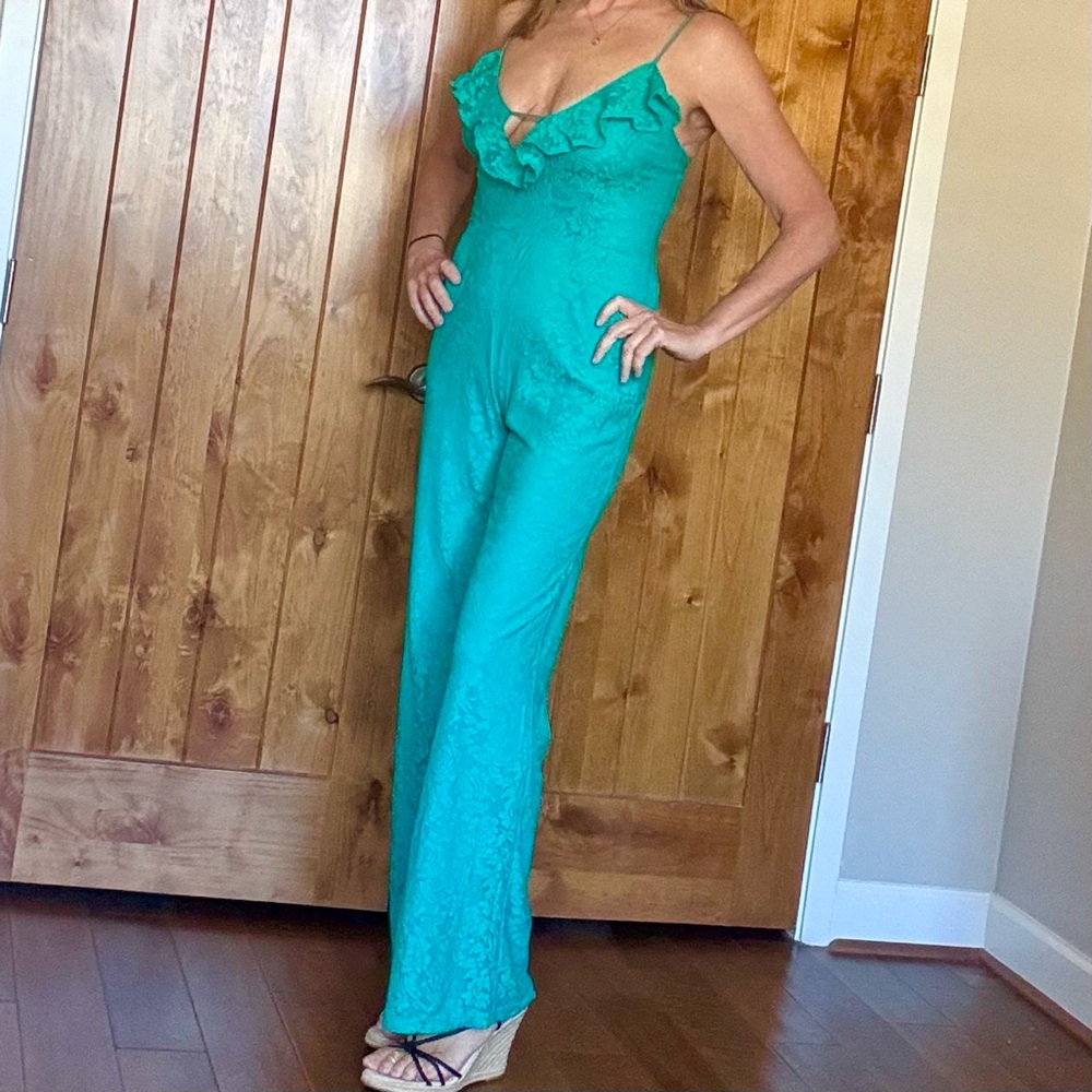 NWOT Social Features Teal Lace Jumpsuit with Ruffle Detail